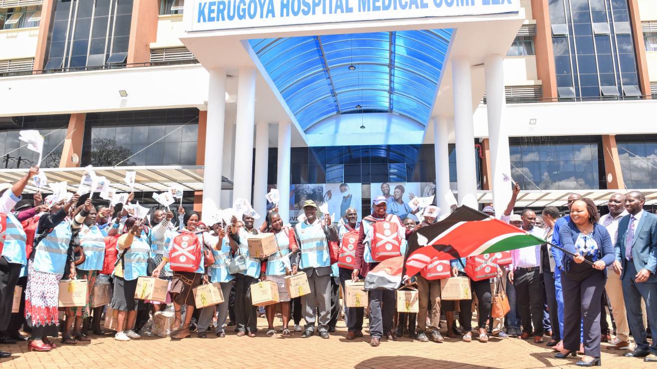 Anne Waiguru flagging off 1,205 Community Health Promoters (CHPs) at Kerugoya County Referral Hospital. PHOTO/COURTESY